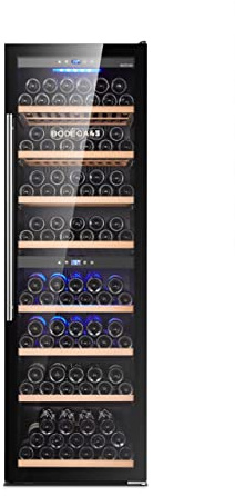 BODEGA43-180F Weinkühlschrank Freistehend Groß - Weinklimaschrank mit 2 Zonen, 5-20 ºC, 180 Flaschen, Vollglas-Designtür, Energie-Label: F, Geräuscharm (nur 38 dB) & sehr vibrationsarm, Schwarz