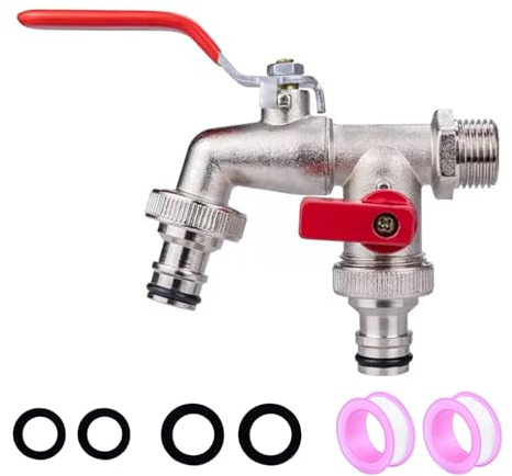 Double robinet de jardin, robinet de jardin extérieur 1,27 cm, antigel, robinets à double sortie pour jardin, machine à laver, tonneau de pluie (rouge)