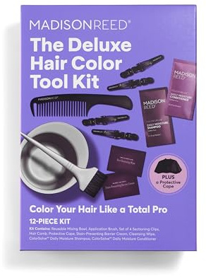 Madison Reed Deluxe Pro Color Tool Kit for DIY Hair Color – 12-piece set with mixing bowl, brush, 4 clips, comb, cleansing wipe, barrier cream, cape, shampoo & conditioner.