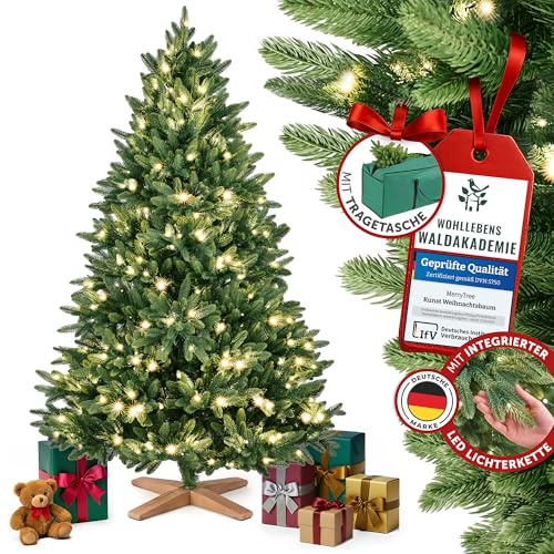 MerryTree Luxus künstlicher Weihnachtsbaum 210 cm - Weihnachtsbaum mit Beleuchtung LED - Tannenbaum Spritzguss 100% PE-Nadeln inkl. Holzfuß massiv - Tannenbaum künstlich mit Beleuchtung - Christbaum