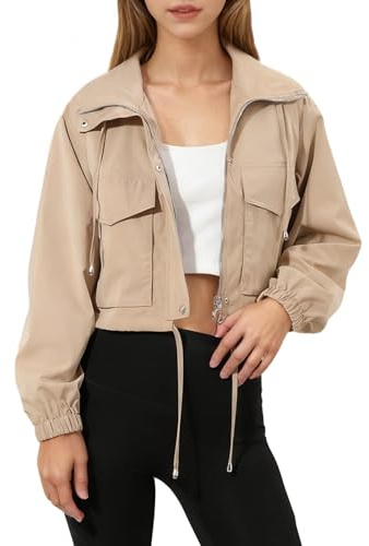 Syrads Classics Chaqueta Bomber para Mujer Abrigo Corto Blouson Casual Chaqueta Entretiempo Otoño y Primavera con Bolsillos Cremallera,Caqui S
