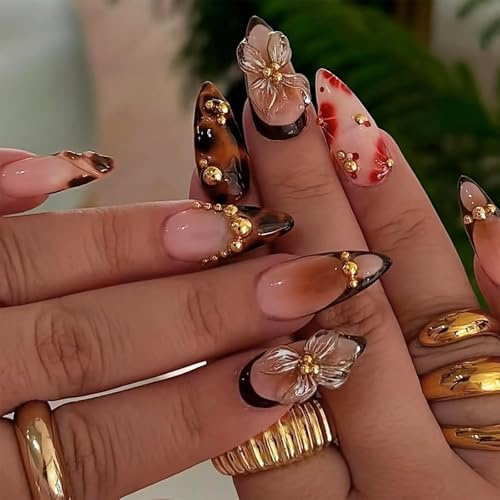 Evadollina Press On Nails, 24 Stück Nägel Zum Aufkleben, Braune Perlenblumen Nagelkunst, Nail Tips, Fake Nails, Fingernägel Zum Aufkleben, Fingernägel, Fake Nägel