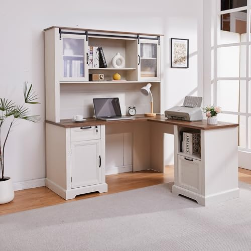 LayBurst 60 Farmhouse L Shaped Desk with Hutch,Executive Desk with Lockable Drawers,Built-in Socket,Adjustble File Cabinet and Shelves,Secretary Desk with Hutch for Home Office Work and Study (60)