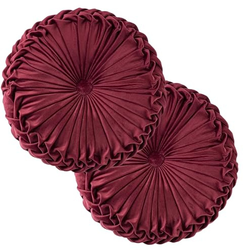 Teieas 2 Pcs Round Throw Pillows Decorative Velvet Pleated Bed Pillows