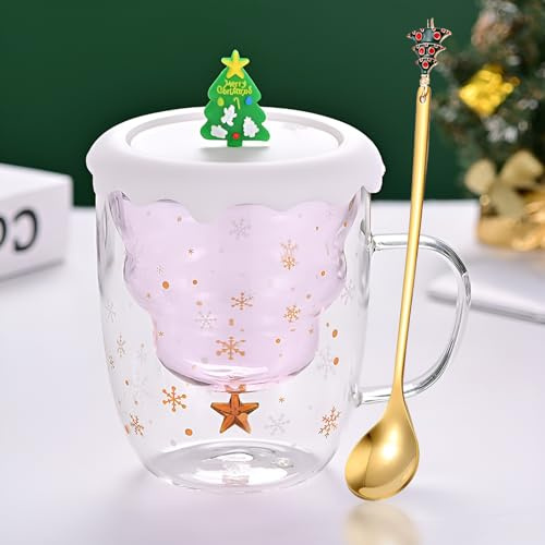 Syfunlv Grinch Weihnachtstasse Doppelwandige Glastasse mit Deckel & Löffel, Espressotasse Kaffee Teeglas Milchtasse Weihnachtsbaum Stil 7