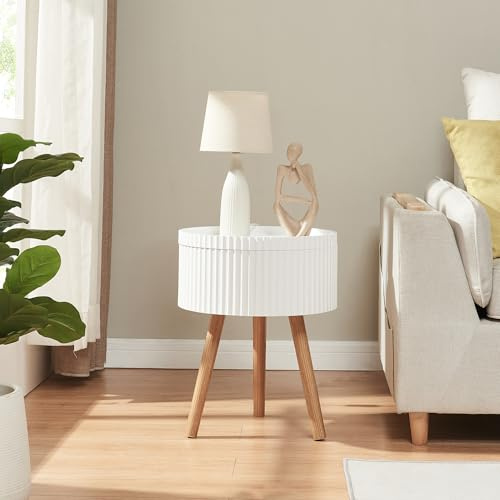 [en.casa] Tavolino Rotondo da Divano con Piano Rimovibile e Contenitore Tavolo Basso Laterale da Caffè con Gambe in Bambù 48 x Ø38 cm per Soggiorno Salotto Ingresso - Bianco