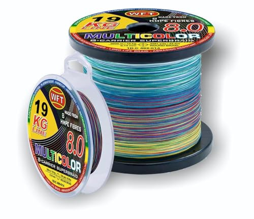 WFT KG 8.0 Multicolor Geflochtene Angelschnur, 8-Fach Geflecht, 3000m Länge, 0,14mm-0,26mm, Farbwechsel alle 10m, für Süß- und Salzwasser, 19kg-34kg Tragkraft (0,16mm - 22kg)