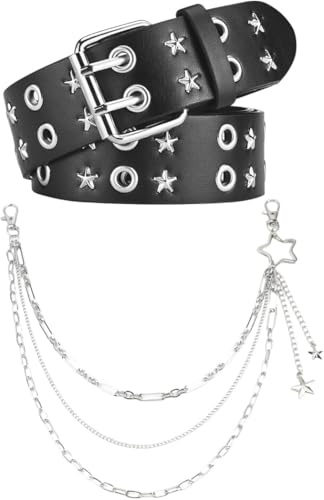 Tastetreasure Cintura punk rock con rivetti e occhielli per donna/uomo, Y2K E-Girl e catena a stella, cintura in pelle regolabile con catena in metallo