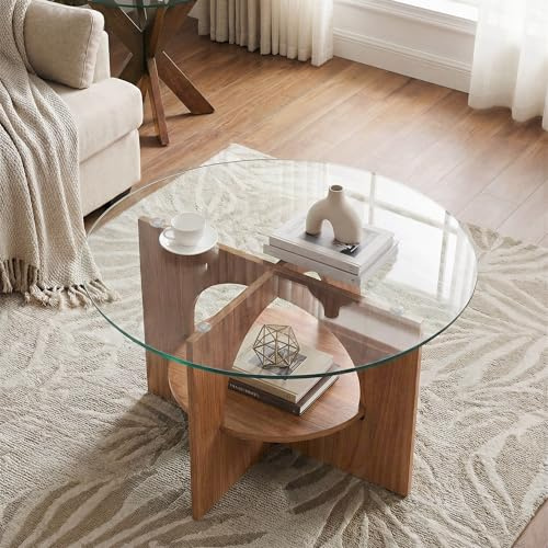 YITAHOME Round Coffee Table, 2-Tier Glass Coffee Tables with Storage, Multi-Purpose Modern Center Table or Cocktail Table for Living Room, Office, Lounge, Walnut