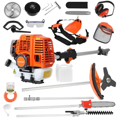 52CC 2-Stroke Gas Powered 5-in-1 Multi-Tool Garden Set, Weed Wacker, Heavy Duty Brush Cutter, Hedge Trimmer, Pole Saw with 43.31 Extension Rod, Outdoor Yard Care Kit Orange