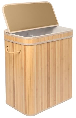Relaxdays cesto portabiancheria in bambù con coperchio, 100 l, 2 scomparti, 63x52x32 cm, naturale