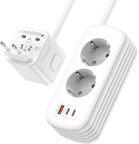 Reseadapter över hela världen med 1,8 m kabel och kabeluppdragning, universell resekontakt EU UK US AU, 2 Schuko-uttag, USB-C PD 30 W med 2 USB-C & 1 USB-A, kompakt reseadapter för hotell, kontor och