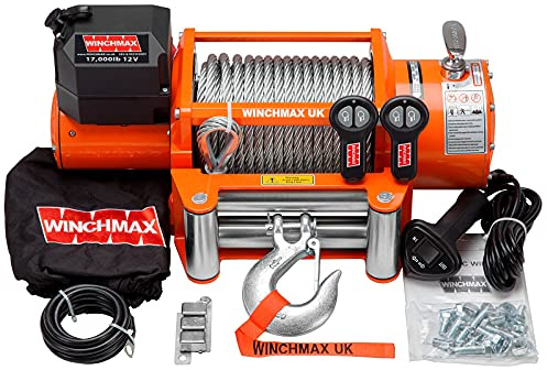 Winchmax 17000lb / 7711Kg Original orange 12v elektrische Winde. 26 m 12 mm Mehrständer-Stahlseil, Rollenseilführung und 1/2 Zoll Gabelkopfhaken. Funkfernbedienungen mit Zwei Handsets