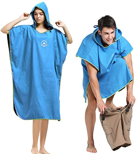 Hiturbo Ombytesrock, handduk, poncho med huva för surfning, simning, våtdräkt, kompakt och lätt, en storlek passar alla blå