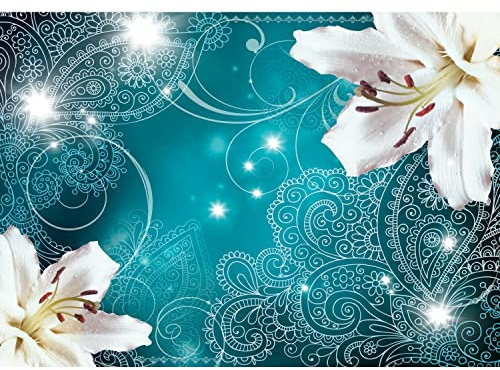 Runa Art Fototapete Lilien Blumen Ornament Modern Vlies Wohnzimmer Schlafzimmer - Made in Germany - 308 x 220 cm Türkis 9197010a