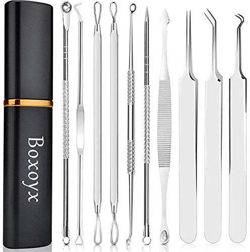 Pimple Popper Tool Kit - Boxoyx 10 Pcs Blackhead Remover Comedone Extractor Kit with Metal Case for Quick and Easy Removal of Pimples, Blackheads, Zit Removing, Forehead,Facial and Nose(Silver)