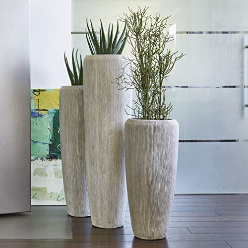 Klocke Dekorationsbedarf Wunderschöne & Hochwertige Pflanzvase/Pflanzkübel mit Rillenstruktur - Fiberglas - Mit Einsatz – Innen & Außen – Wetterbeständig & Frostsicher (Höhe: 100cm, Elfenbein)