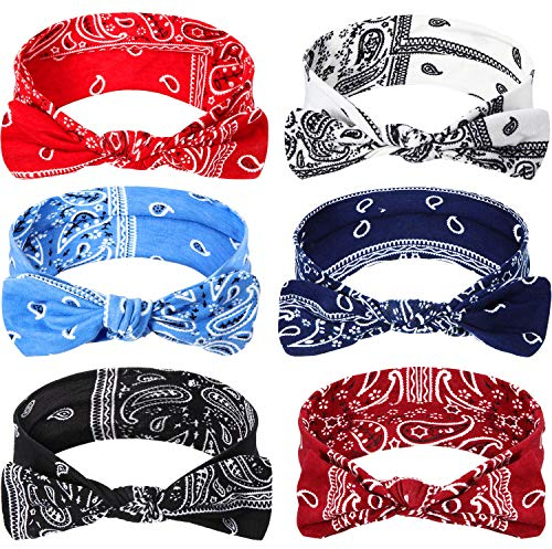 6 Stück Paisley Stirnbänder Boho Bogen Bandana Knoten Kopfbedeckung Retro Blume Gedruckt Elastische Kaninchen Ohr Haarband für Mädchen und Damen (Paisley Stil 1)