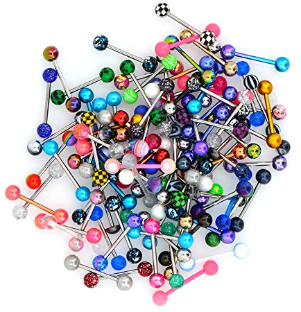 OUFER 100PCS 14G 316L Edelstahl Tongue Rings Different Color Ball Acrylic Tongue Piercing Tongue Barbells zungenpiercing set (Random Colors)