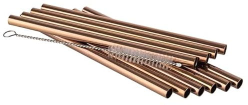 APS 93391 Trinkhalme aus Edelstahl, 10er-Set, inkl. Reinigungsbürste, Ø 8 mm, Länge 15 cm, Kupfer-Look