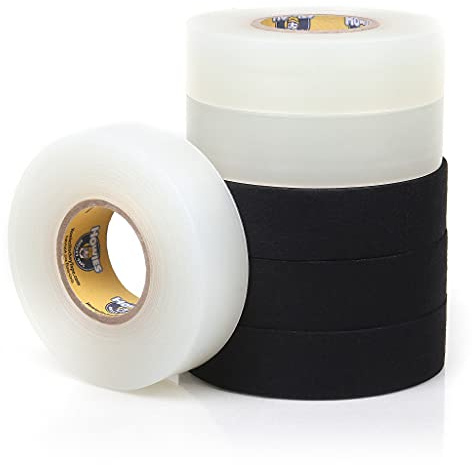Howies Hockey Tape | 6-Pack Combos of Cloth Stick Tape (White/Black) & Shin Pad Tape (Clear) | Pro Grip & Durability | Made in USA (3 Black / 3 Clear)