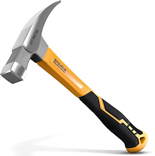 DIY Doctor Brick Hammer 21oz / 600grams | Curved Comfort Grip TPR Finish | Solid Forged Steel & Non Slip Grip - Fibreglass Shaft | Geological Chipping Hammer for Nails | Fossil Tool