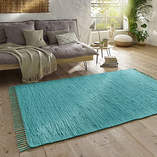 Taracarpet Handwebteppich Läufer Fleckerl Teppich Uni waschbar aus Baumwolle für Wohnzimmer und Küchenteppich 140x200 cm türkis