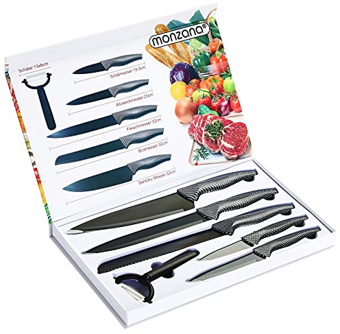 MONZANA® 7-tlg Messerset inkl. Schäler Aufbewahrungsbox Rostfreier Edelstahl Extra Scharf Antihaftbeschichtung Langlebig Küche Brotmesser Fleischmesser