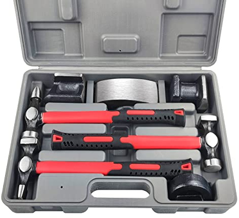 C&T Auto Body Repair Tool Hammer Dolly Set 7-teilig, Auto Body Repair Tool Kit with Carrying Case, Carbon Steel Dolly and Hammer Dent Body Fender Tool Set