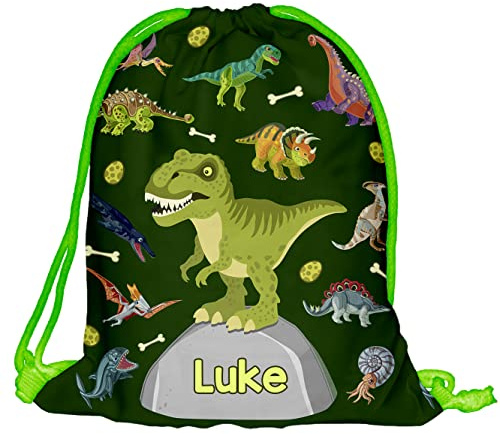 Turnbeutel personalisiert mit Namen für Jungen Grün Dino T-Rex Einschulung 2026 Kinder Sportbeutel Schuhbeutel mit Kordelzug Wechselkleidung Sack mit Namensdruck Kindergarten Grundschule [010]