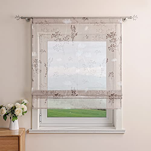 Delien Raffrollo Leinenoptik Transparente Rollos Landhaus Küche Gardine Modern Raffgardine mit Blumendruck »Löwenzahn« Bändchenrollo für Klein Fenster mit Tunnelzug BxH 80x140cm,Sand