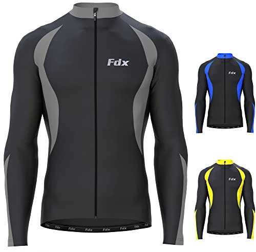 FDX Mens Cycling Jersey, Windproof Warm Winter Cycle Tops, Long Sleeves Water-Resistant Lightweight Thermal Bike Jacket, Windproof Bicycle Shirt for Riding, and Running(Grey, XXL)