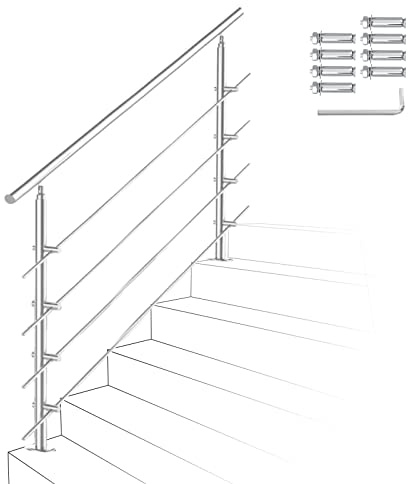 Izrielar Rampe d'escalier 150 cm en acier inoxydable avec 4 traverses - Rampe d'angle réglable - Pour l'extérieur et l'intérieur