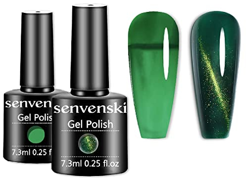 Senvenski Jelly Green Gel Nail Polish Kit, Turquoise Cat Eye Magnetic Gel Polish, Clear Green Translucent Colours with Milky Sheer Finish | Vegan UV/LED Nail Art Kit Gift for Women(CS2-010)