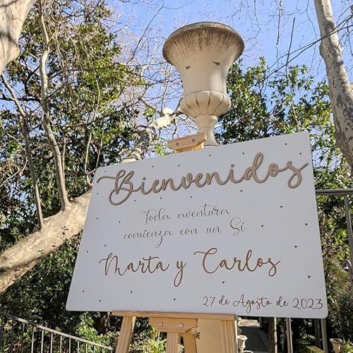 Madera de Boj | Cartel de Bienvenida | Cartel Boda Fabricado en Madera Natural Personalizado | Cartel Bienvenida Boda