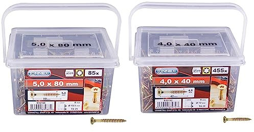 Connex Universalschrauben 5,0 x 80 mm - 140 Stück im Set - Senkkopf - B30196 & Connex Universalschrauben 4,0 x 40 mm - 455 Stück im Set - Senkkopf - TX-Antrieb - Teilgewinde -B30192
