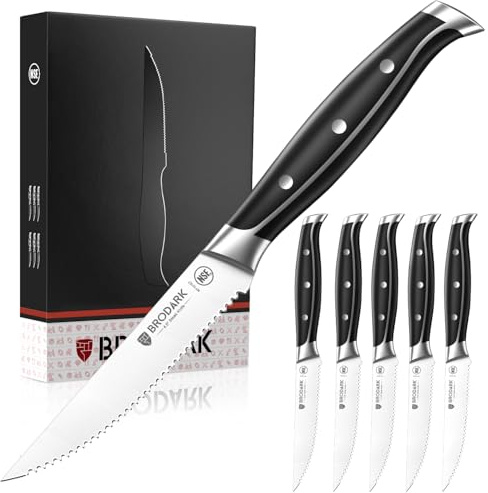 BRODARK Steak Knives Set of 6: 4.5 Inch Serrated Steak Knives with Full Tang Handle - High Carbon Stainless Steel Steak Knife Set - NSF Certified, Steel-King Series