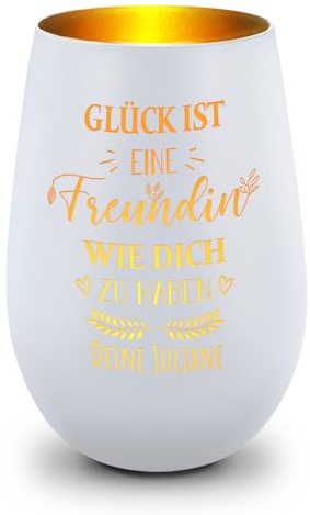 GRAVURZEILE Deko Windlicht aus Glas mit Gravur - Glück ist eine Freundin wie Dich zu haben - Personalisiert mit Namen - Ideal für Teelicht und Kerzen - Persönliches Geschenk - Weiß/Gold
