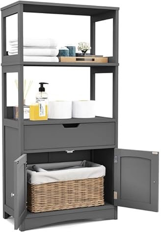 COSTWAY Freistehender Badezimmerschrank, Hochschrank für Bad mit 2 Türen & 3 offenen Regalen & Schublade, moderner Mehrzweckschrank Küchenschrank für Bad Küche Wohnzimmer (Grau)