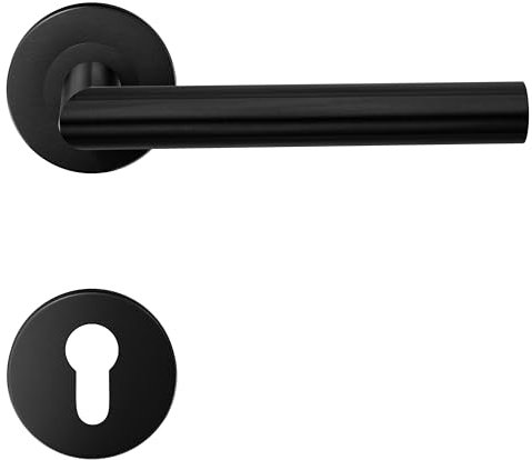 HAIFUAN 1 lot de poignées de porte à levier en acier inoxydable avec écusson à trou cylindrique, ensemble de poignées de verrouillage de porte, barre à main de porte, couleur noire (S02-103C-B)