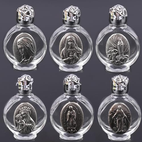 YAMSLAM 6 botellas de agua bendita en relieve, cruz religiosa, escultura virgen, agua bendita, regalo religioso, vial para el hogar, viajes, 6 unidades
