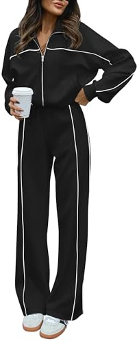 BTFBM Women's Two Piece Tracksuit Fall 2025 Long Sleeve Zip Up Sweatshirt Long Pants Outfits Jogger Sweatsuit Sets(Black,X-Small)
