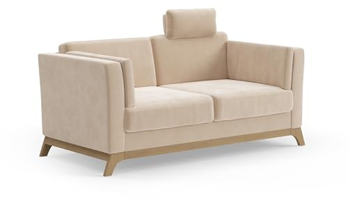 Cavadore 2,5er-Sofa Vida / 2,5-Sitzer Couch im trendigen Design mit massivem Holzrahmen in Buche, Kopfstütze mit Kuschelkissen / 183 x 84 x 93 / Mikrofaser, Hellbraun-Beige