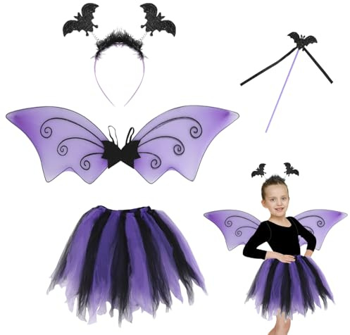 SULOLI Costume de Chauve Souris Fille Costume Halloween Enfant Costume tutu pour Halloween Cosplay Carnaval（Noir et Violet）
