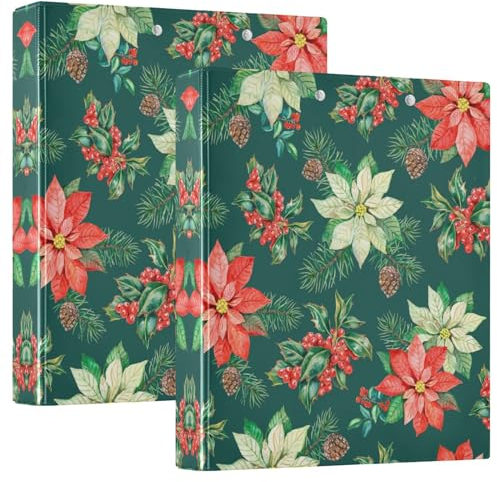 Quteprint Ringbuch mit 3 Ringen, Weihnachtsstern, Blume, Stechpalme, Beere, 3,8 cm, runder Ringordner mit 3 transparenten Innentaschen, Ordner-Organizer mit Klemmbrett für Büro, Zuhause, Schule, für