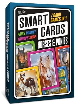 SMART CARDS Horse & Pony Card Game. 7 games; snap, pairs, trumps, rummy, horses & ponies trivia quiz. Top travel games, gift, stocking filler. Age 5+, 1-8 players