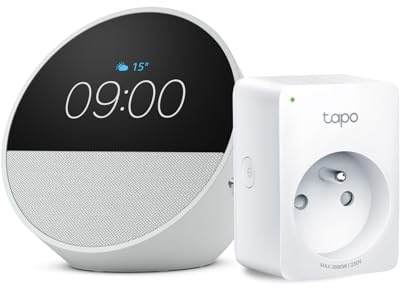 Echo Spot | Blanc + Tapo Matter Prise Connectée, Fonctionne avec Alexa - Kit de démarrage Maison connectée