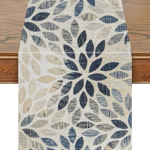 Snylcce 13x47 Pouces Chemin de Table Dahlia Bleu Marine - Design Floral élégant à Pompon, décor géométrique Moderne pour la Ferme, Les fêtes, et Les entrées de Maison - Style Lin Blanc