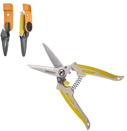 CEERAYZ 200mm Tijeras Multiusos, Tijeras podar, Tijeras Versátiles para proyectos de bricolaje, oficina, líneas de producción y poda, con funda protectora y soporte magnético (Marrón/Amarillo)
