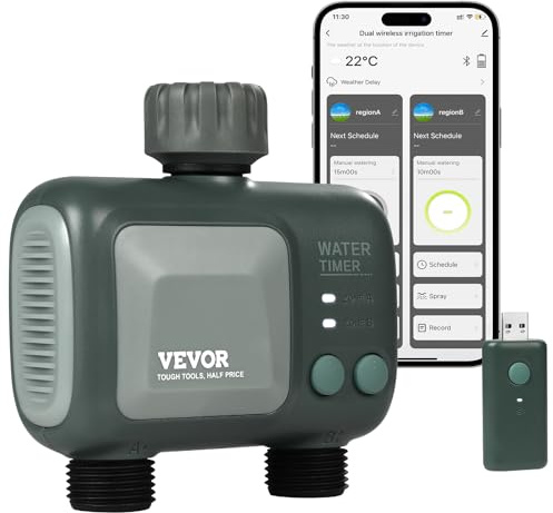 VEVOR Sprinkler Timer WiFi Water Timer, 2 Outlets, Smart Hose Faucet Water Timer with Brass Inlet, APP Remote Control via 2.4Ghz WiFi or Bluetooth, Voice Control, IPX6 for Garden, Yard Watering